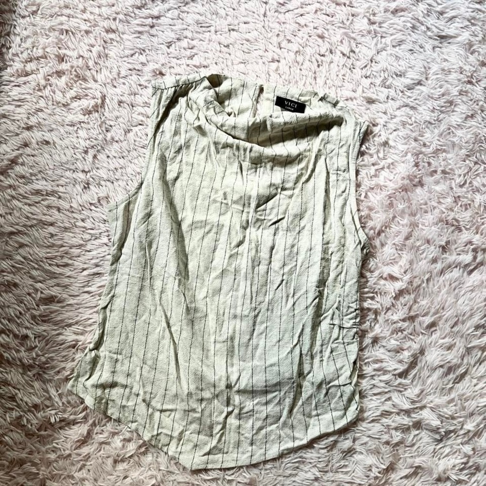 Minimalist Coastal Hamptons Beachy Nautical Linen Blend Tank Womens L Pinstripe